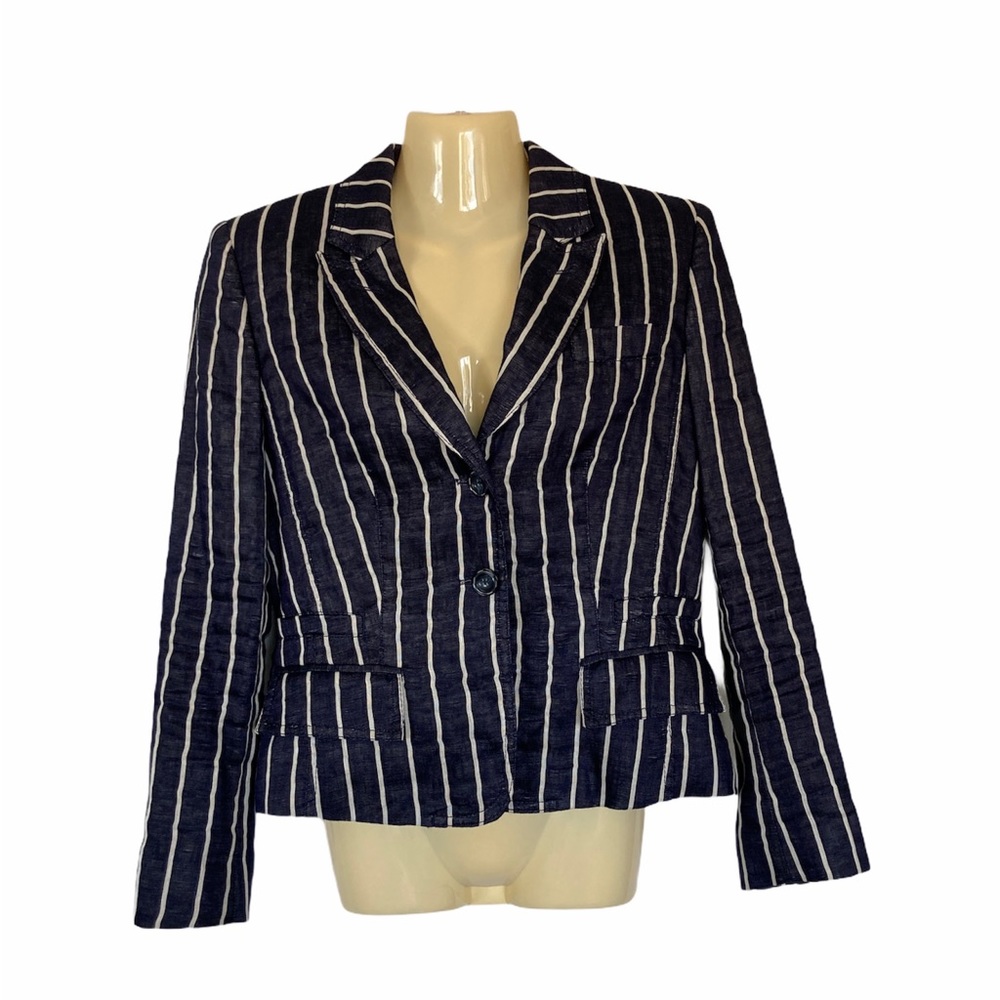 Marc Aurel Blazer Crop Jacket Cotton Linen Blend Nautical Navy White Pinstripe S